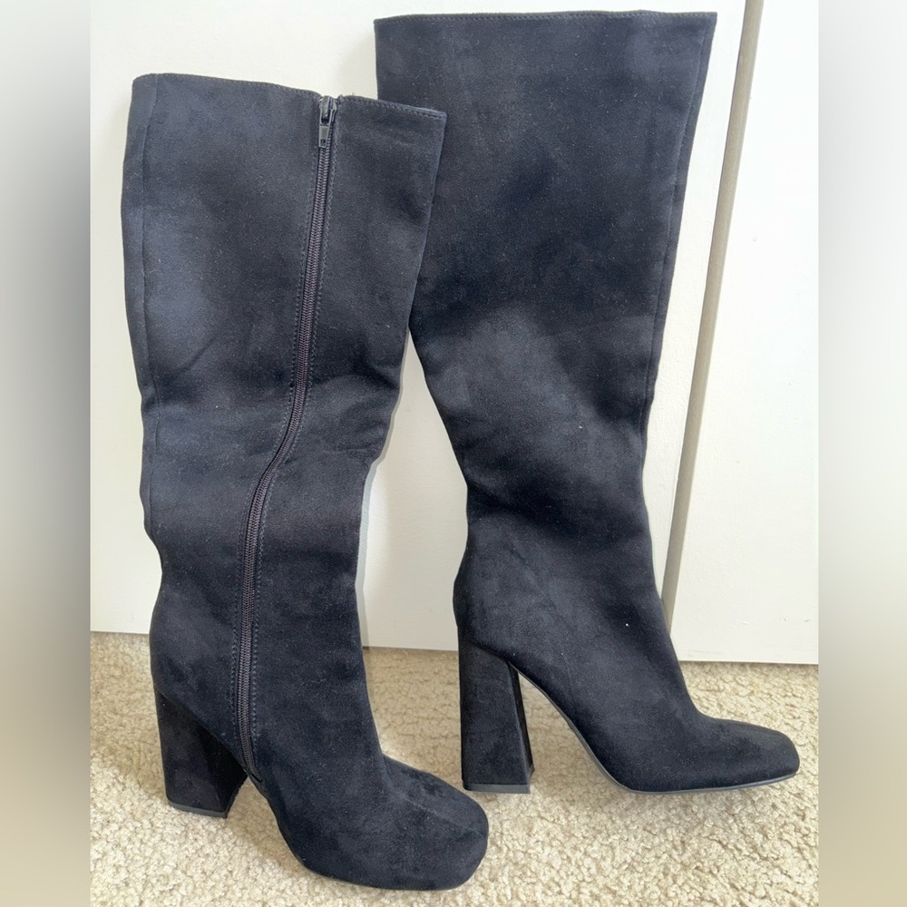 Suede Black Knee-High Boots